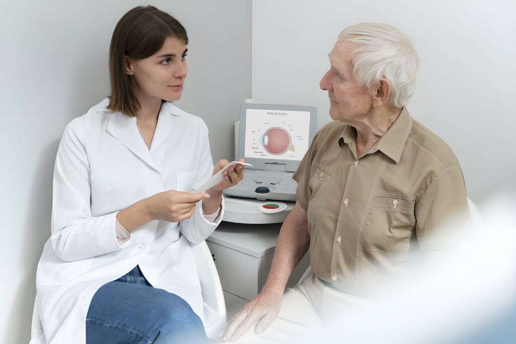 Doenças oculares silenciosas: como proteger sua visão a tempo 1 Pessoa realizando exame oftalmológico para detectar doenças oculares silenciosas