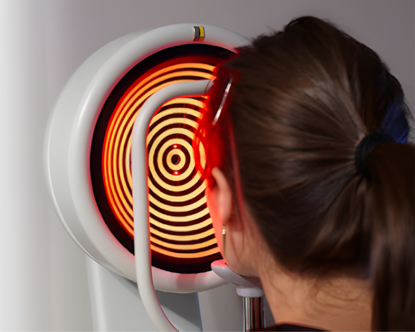 Ceratocone: sintomas, diagnóstico e tratamento para proteger sua visão 1 Paciente realizando topografia corneana para diagnóstico de ceratocone