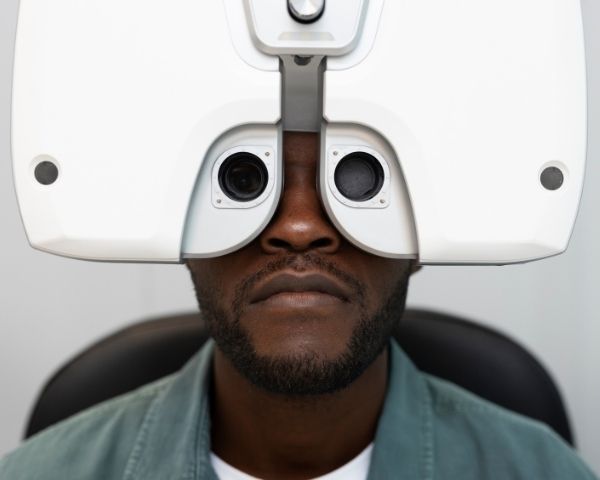 Glaucoma em homens negros: por que o risco é maior e como prevenir 1 Homem negro realizando exame oftalmológico para prevenção do glaucoma em homens negros.